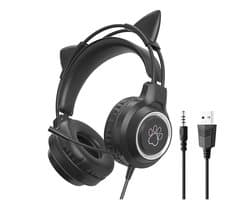 KINSI Gaming Headset met Kattenoren - Ruisonderdrukkende Microfoon 360° - Bedrade hoofdtelefoon - RGB Verlichting & Comfortabele Oorkussens