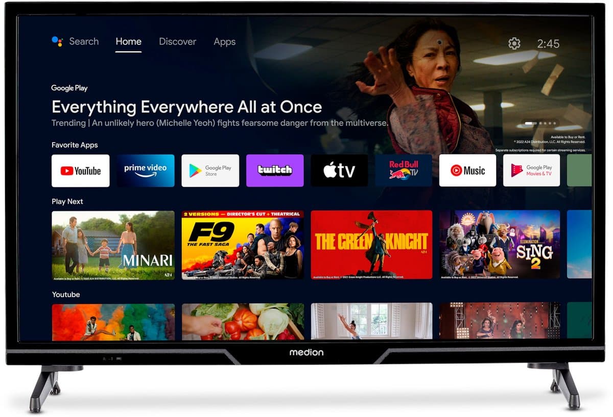 MEDION 59.8 cm 24" HD TV Android TV Smart TV HDR Prime Video PVR Bluetooth, MD824100 — afbeelding 1