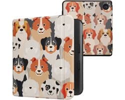 kwmobile e-reader hoesje geschikt voor Kobo Libra Colour hoes - E reader flip case met magnetische sluiting - Ereader cover - Honden Ontwerp design in wit / lichtbruin / grijs