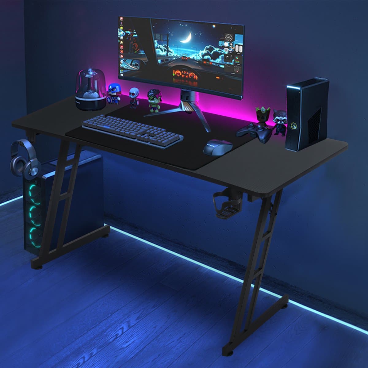 160 x 60 cm, Gamingtafel, stabiele computertafel, pc-tafel, zwart, met bekerhouder en koolstofvezelcoating, 2 openingen voor kabel, gamertafel, gamingtafel, bureau, zonder led — afbeelding 1