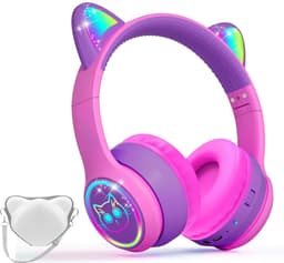 StayPowered Kinder Bluetooth Hoofdtelefoon - Perfect voor School & Reis - Veilig Volumeniveau - Heldere Geluidskwaliteit - met LED - Draadloos & Bekabeld - Versterkt Materiaal - Lange Batterijduur - Roze/Paars - Levering Sneller dan Aangegeven! — thumbnail 1