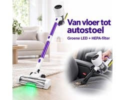 Steelstofzuiger Draadloos 500W - 18.000 Pa - 2-in-1 Kruimeldief - Groene LED - HEPA-filter - Zonder Zak - Wit/Paars