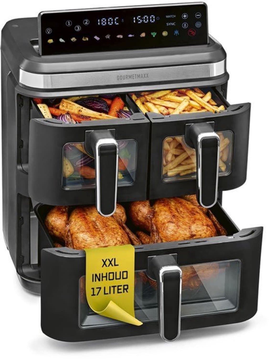 Heteluchtfriteuse Verticale 3 Kamers - 3000 W Vermogen - 17 Liter Inhoud - Kunststof Metaal - Voor Bakken Braden Frituren - Airfryer XXL — afbeelding 1