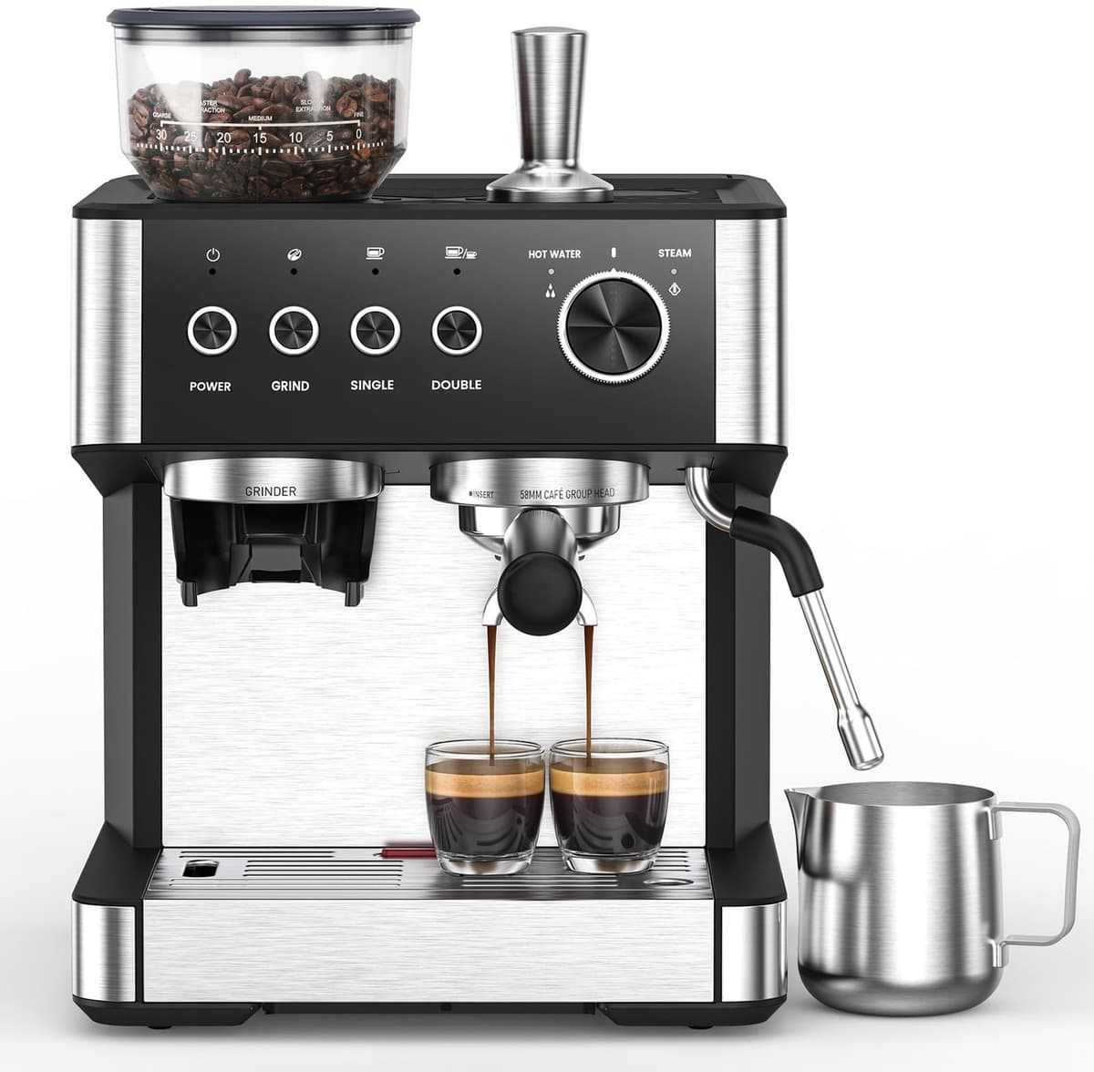 Espressomachine Automatisch 20 Bar - Conische Bonenmolen 30 Niveaus - Melkopschuimer Auto - Stoom 360° - 2,3 L Reservoir - Koffie Amerikaans Cold Brew - RVS Zwart — afbeelding 1