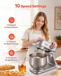 Keukenmachine – Keukenmixer – Keukenrobot – Foodprocessor – Mixer – 7,4L RVS Mengkom – 1800W Motor – 10 Snelheden – Inclusief Deeghaak, Garde En Platte Mengklopper — thumbnail 2