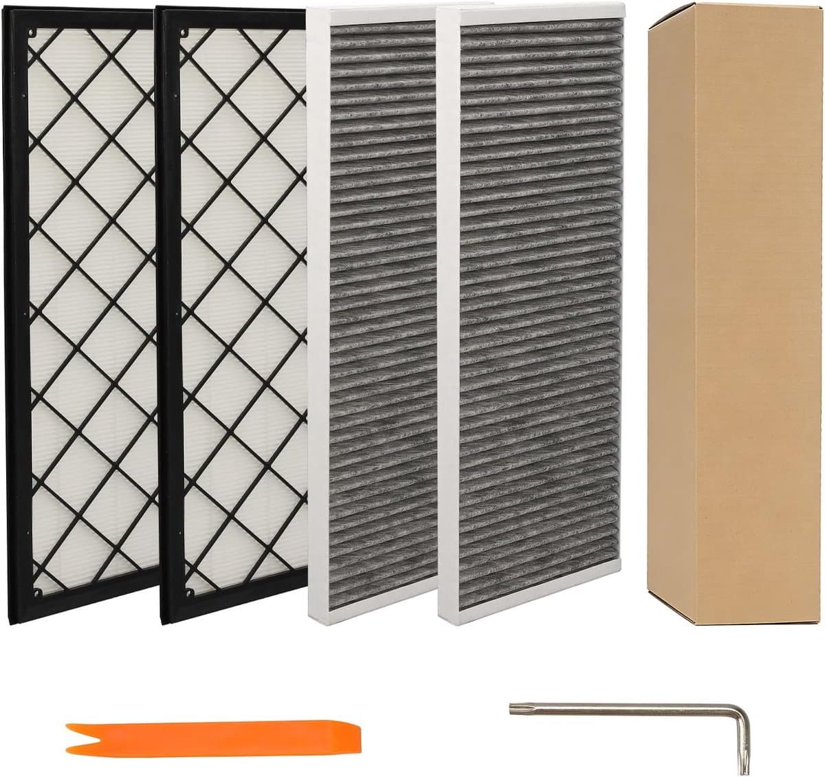 Set van 4 binnenfilters, compatibel met Tesla Model Y (2020-2026) en Juniper, bestaande uit 2 HEPA-filters en 2 actieve koolfilters, met 5-traps filtering en installatiegereedschap — afbeelding 1