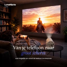 LumeWorks Luna Mini Beamer 2026 - 4K Support - Smart Projector met Android 14 - WiFi 6 & Bluetooth - Home Cinema - Draagbaar - Streamen vanaf Telefoon - Wit — thumbnail 4