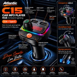 Atlantic® FM Transmitter Bluetooth 5.0 Auto – Bluetooth Adapter Autoradio – Carkit Handsfree Bellen – MP3 Speler – USB-C – 2x USB – 3.1A Quick Charge Autolader – RGB 7 Kleuren — thumbnail 5