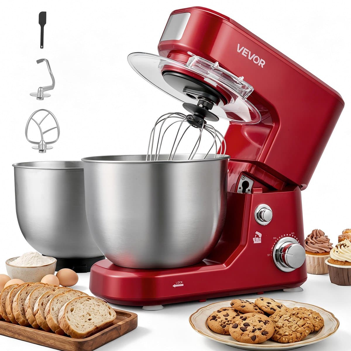 VEVOR Elektrische Kneedmachine 5 + 4 L 1000 W voor Deeg, Koekjesdeeg en Crème, met 2 Stapelbare SUS304 Kommen, Kantelbare Kop, Spatbescherming, Antislipvoetjes en Accessoireset — afbeelding 1