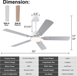 DESMIU Plafondventilator Met Verlichting – 132 cm – 5 Bladen – Metaal En Hout – Wit En Lichte Eik – Dimbaar Ledlicht Met Afstandsbediening — thumbnail 2