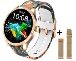 Belesy® BQSiRgPk Pro - Smartwatch Dames – Smartwatch Heren - Horloge - 1.28 inch - Kleurenscherm - Stappenteller - Bloeddruk - Hartslag - 75+ Wijzerplaten – Sporten – Rose goud – Staal - Siliconen – Rozen - Kerstcadeau