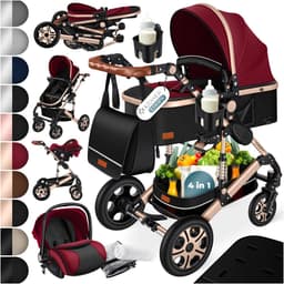 KESSER® Kinderwagen 3 in 1 Loops Wandelwagen Set incl. Autostoel & Reiswieg & Buggy Sportzitje - Massieve Rubberbanden - Luiertas / Regenhoes - Rood / Champagne — thumbnail 4