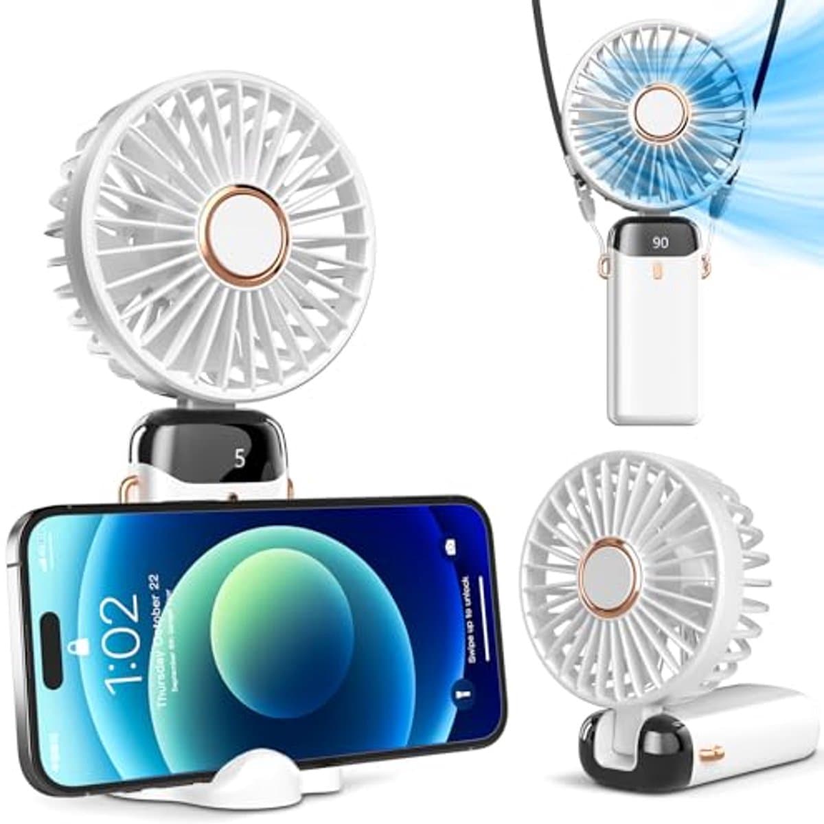 Draagbare Handventilator met Digitaal Display en Oplaadbare Batterij – 3-in-1 Functie, 5 Snelheden en 90° Verstelbaar — afbeelding 1