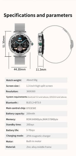 Knobbout Luxe Smartwatch voor Dames – Met Sprankelende Kristallen-1.3" IPS HD Touchscreen – Bluetooth 5.2 Bellen – Hartslag & Bloeddrukmeting – IP68 Waterdicht – Roségouden Roestvrijsta — thumbnail 2