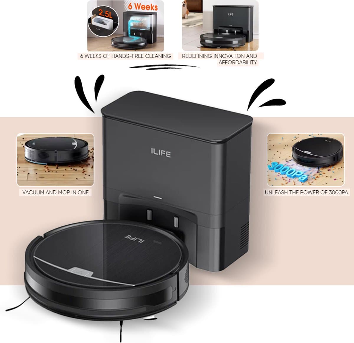 ILIFE V9Pro Robotstofzuiger met Zelfledigend Station en 3000Pa Sterke Zuigkracht — afbeelding 1