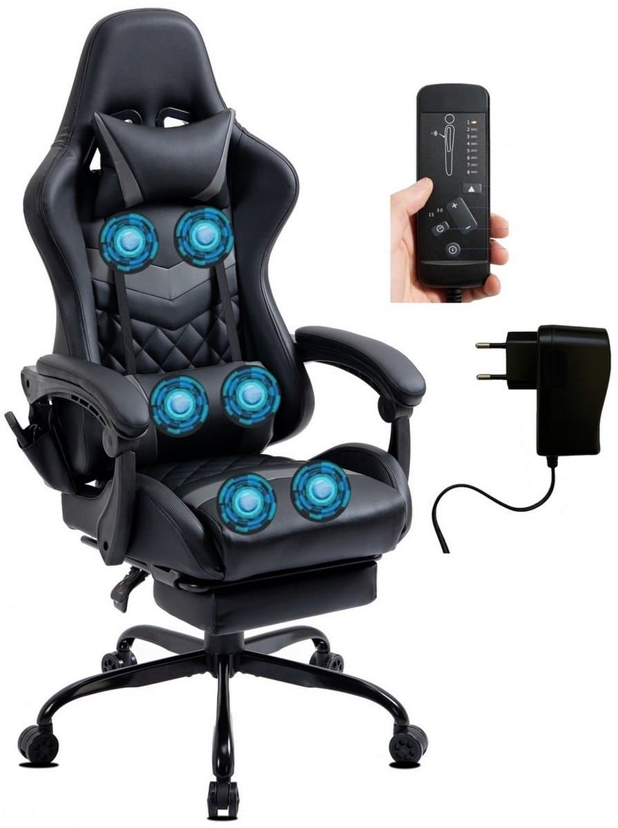 Delman Gaming Stoel met Massagefunctie – Ergonomische Bureaustoel met 6 Vibratiepunten, Hoofdkussen, Lendenkussen, Voetsteun en Zijvakken, Sterk Metalen Onderstel – Ideaal voor Kantoor & Studieruimte — afbeelding 1