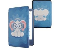 kwmobile e-reader hoesje geschikt voor Amazon Kindle (2022/2024) hoes - E reader flip case met magnetische sluiting - Ereader cover - Schattige olifant design in lichtblauw / donkerblauw / grijs