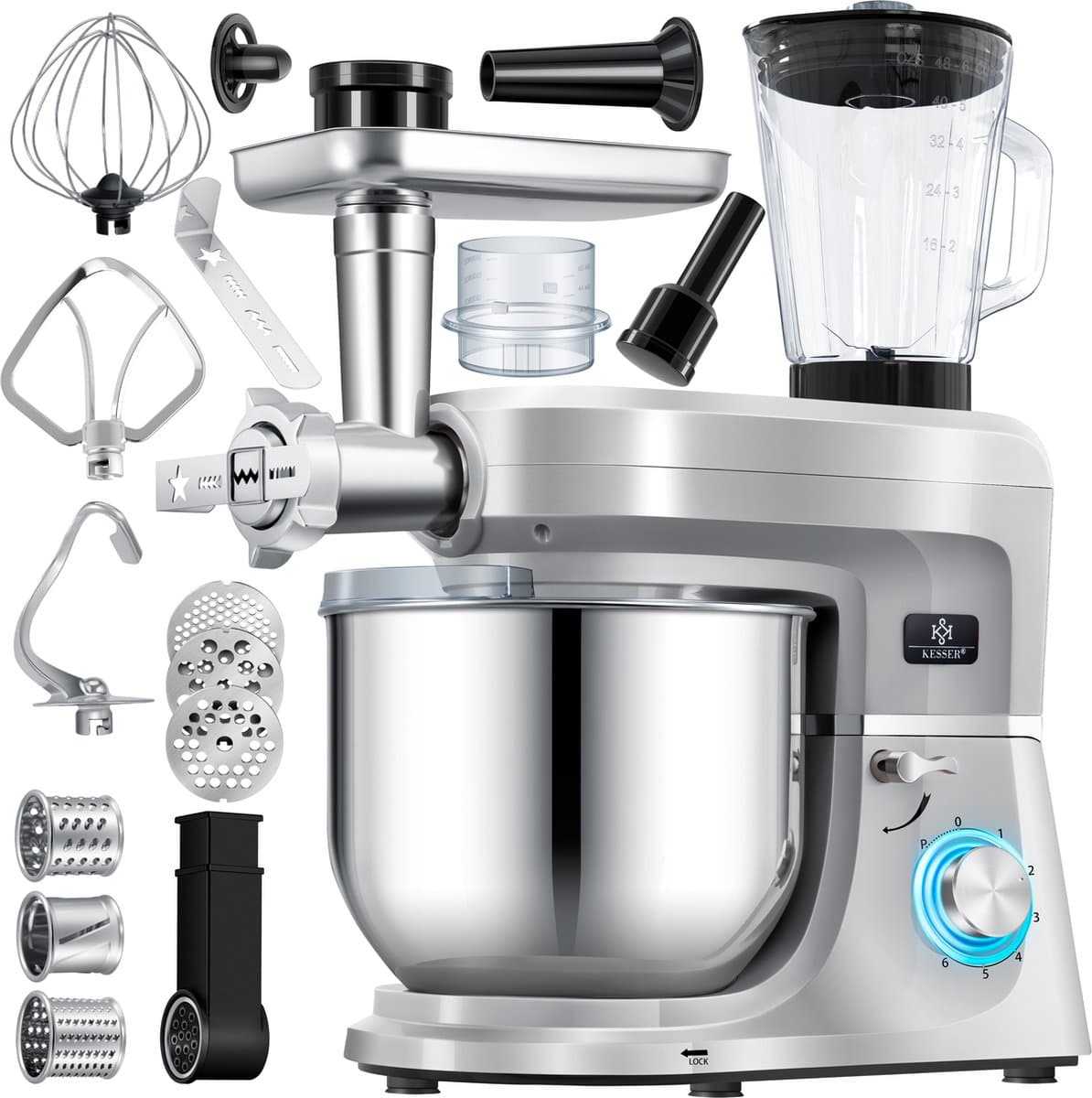 KESSER® 3 in 1 Keukenmachine Foodprocessor - Keukenmixer - Keukenrobotor K-KM 3000 met Kneder Multifunctionele Mixer 5,5 L Kom met 3 Menggereedschappen 1,5 L Sapcentrifuge Worstset Pasta & Koekjesvormen - Zilver — afbeelding 1