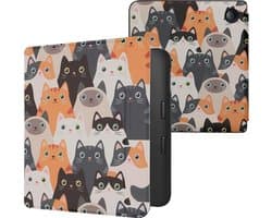 kwmobile e-reader hoesje geschikt voor Kobo Libra 2 hoes - E reader flip case met magnetische sluiting - Ereader cover - Katten design in oranje / zwart / wit