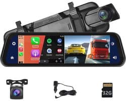 Achteruitkijkspiegel Dashcam met Bluetooth en Carplay 9,66 inch – HD Nachtzicht Camera voor en Achter