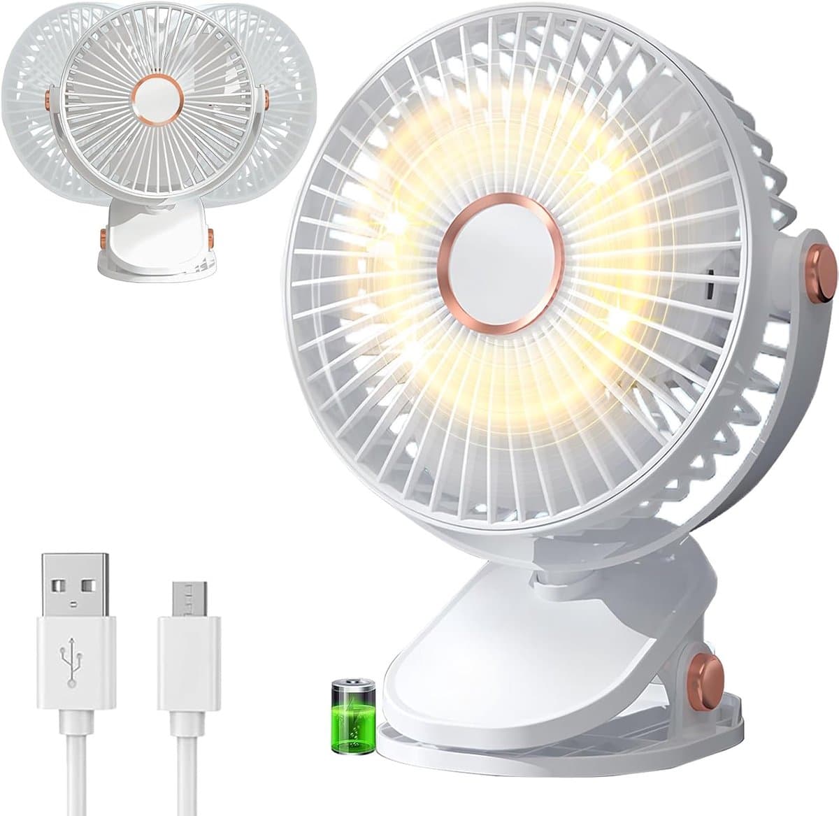Clipventilator – Oplaadbare USB Ventilator met Klem, LED Licht, 3 Snelheden, 360° Verstelbaar, 3000 mAh Wit — afbeelding 1