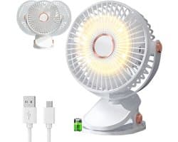 Clipventilator – Oplaadbare USB Ventilator met Klem, LED Licht, 3 Snelheden, 360° Verstelbaar, 3000 mAh Wit