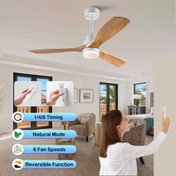 FloraGrace Ventilator – Met Licht En Afstandsbediening – 132 Cm – Metaal En Massief Hout – Wit Naturel – Woonkamer En Slaapkamer – Dimbaar — thumbnail 4