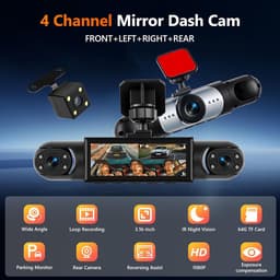 SnelShoppen - Mirror Dash Cam 4 Kanaals Achteruitkijkspiegelcamera 3.16 inch met G-Sensor, Parkeerbewaking, Nachtzicht, 24U Parkeerstand en 64GB Geheu — thumbnail 5