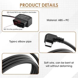 SnelShoppen - 3.5m OBD Power Cord voor Dashcam, 12-24V naar 5V3A Type C OBD2 Camera met Knop, 24 Uur Bewaking, Laag Spanning Bescherming — thumbnail 4