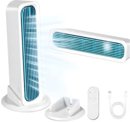 Bladloze Torenventilator - USB Torenventilator - 4000mAh - 3 snelheden - Stille Staande Ventilator - met losse voet en afstandsbediening - voor bureau, slaapkamer en camping - wit — thumbnail 1