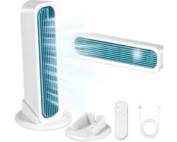 Bladloze Torenventilator - USB Torenventilator - 4000mAh - 3 snelheden - Stille Staande Ventilator - met losse voet en afstandsbediening - voor bureau, slaapkamer en camping - wit — afbeelding 1