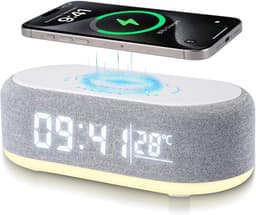 Digitale Wekker geschikt voor Slaapkamer, Volwassenen en Kinderen – Wekkerradio met 15W Draadloos Opladen en Bluetooth Speaker – Grijs — thumbnail 1