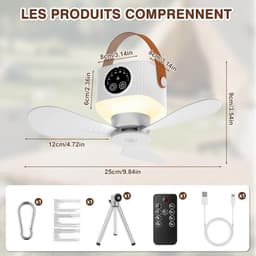 Plafondventilator met verlichting en 7200 mAh accu, geschikt voor binnen- en buitengebruik, stille oplaadbare draagbare ventilator van 35 dB, 3-in-1: campingventilator, bureauventilator, plafondventilator en draagbare ventilator. — thumbnail 4