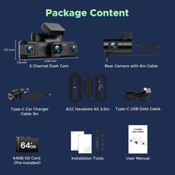 Dashcam voor auto - Zwart - 4-Kanaals 360 Graden - 2K en 1080P Camera's met Infrarood Nachtzicht - Inclusief 64GB Kaart en Hardwire Kit — thumbnail 5