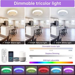 Plafondventilator Met LED Verlichting 38 cm - RGB Lamp Met Afstandsbediening, App Bediening, Stil Motor, Dimbaar Licht, Timer En 7 Transparante Bladen - Wit — thumbnail 3