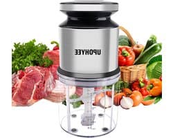 Elektrische hakmolen - Mini keukenmachine - Ingrediënten hakken - 4 roestvrijstalen messen - 600 ml kom - Zilver