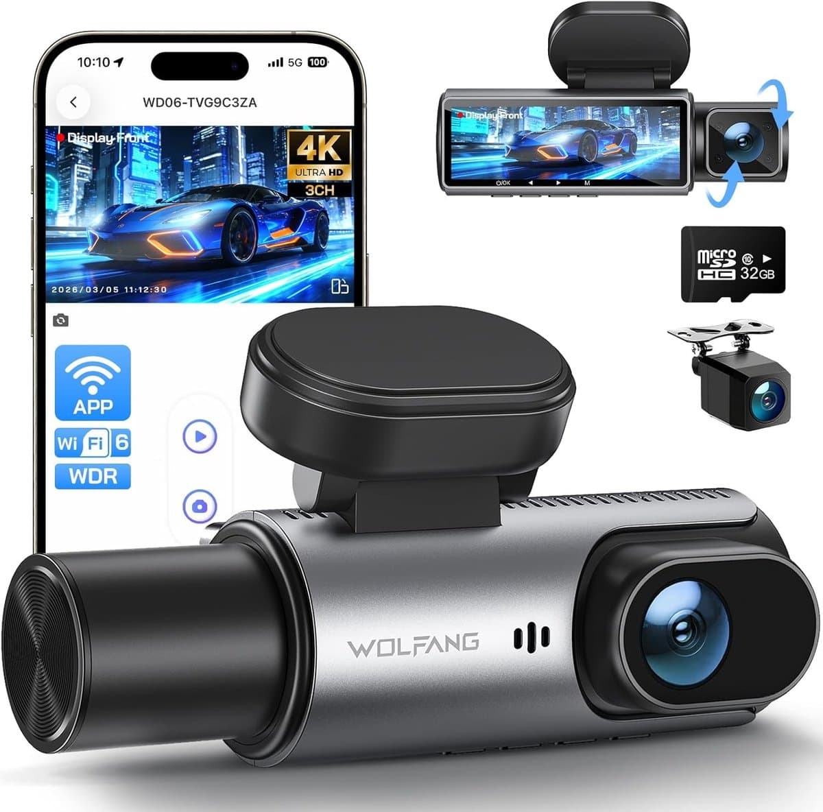 3-kanaals Dashcam - 4K Resolutie - Super Nachtzicht - Ingebouwde Wifi - Voor Auto's — afbeelding 1