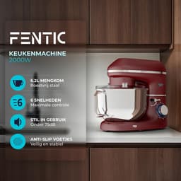 SnelShoppen - Keukenmachine 2000W RVS Mengkom 6,2 L - Keukenmixer met Roerhaak, Kneedhaak, Klopborstel, Spatbescherming en Extra Accessoires - Rood — thumbnail 5