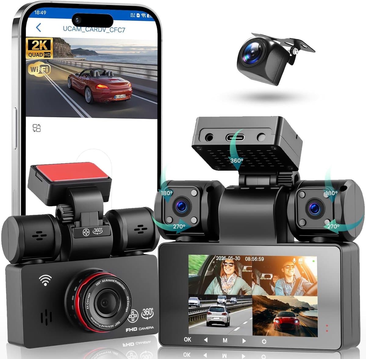 SnelShoppen - 2K Auto Dashcam 360° met 5GHz WiFi, 4 Camera's, 8 IR Nachtzicht, 3 Inch IPS Touchscreen, Loop Recording, G-Sensor, Parkeerbewaking, Acht — afbeelding 1