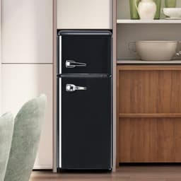 Retro koelkast. Koel-vriescombinatie, 105,5 cm hoog, 41 cm breed, twee deuren, met een totaal volume van 92 liter, vriesvolume van 28 liter. Deurvakken en glazen planken. 116 kWh/jaar, -27 °C ~13 °C, ledverlichting, zwart — thumbnail 1