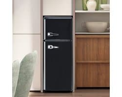 Retro koelkast. Koel-vriescombinatie, 105,5 cm hoog, 41 cm breed, twee deuren, met een totaal volume van 92 liter, vriesvolume van 28 liter. Deurvakken en glazen planken. 116 kWh/jaar, -27 °C ~13 °C, ledverlichting, zwart