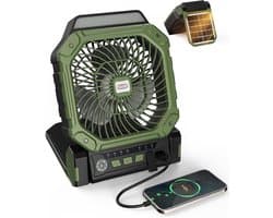 Solar Ventilator Met Oplaadbare Batterij - 4 Standen + 3 LED Zaklamp - Met Afstandsbediening & Timer (2/4/8u) - USB-C/Zonne-energie - Compact Camping Design - Groen — afbeelding 1