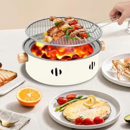 Draagbare houtskoolgrill, mini-barbecuegrill uit één stuk, multifunctionele rookvrije ronde tafelbarbecue op houtskool, geschikt voor koken binnen en buiten, familiebijeenkomsten, picknicks en kamperen (beige). — thumbnail 3