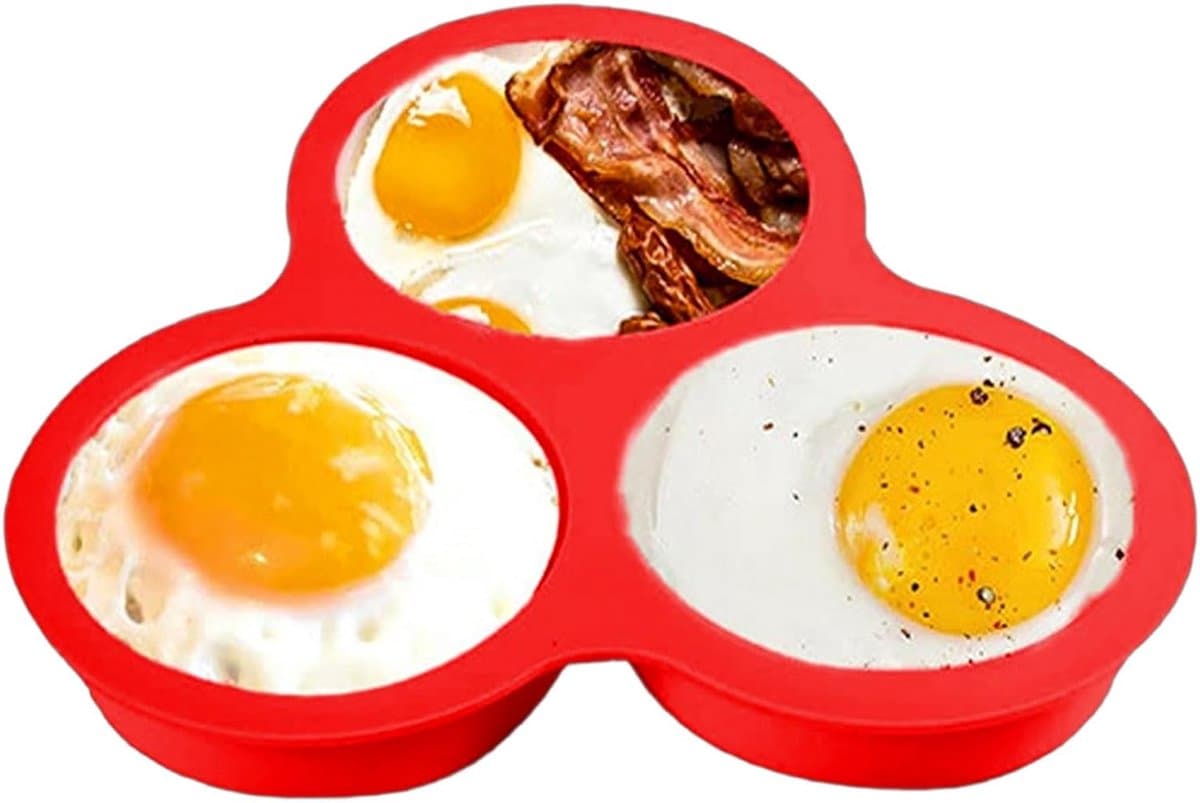 Keuken Siliconen Eierbakvorm - 3 Caviteiten Airfryer Moule - Multifunctioneel voor Oven, Microgolf, Airfryer - Etenveilig Silicone - Geschikt voor Eieren, Muffins, Kleine Taarten - Rood - Praktisch Bakken Accessoire — afbeelding 1
