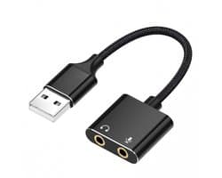 Externe USB-geluidskaart met 3,5 mm stereo-adapter, lijningang/-uitgang, compatibel met hoofdtelefoon-, headset- en microfoonadapters, geschikt voor Windows- en Linux-systemen - Zwart