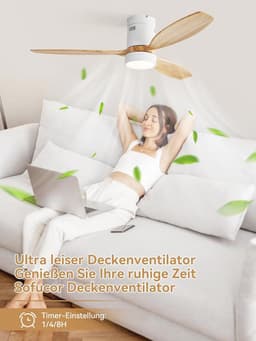 Plafondventilator met LED Verlichting en Afstandsbediening - 132 cm, 3 Houten Vleugels, DC-Motor, Timer en 6 Snelheden — thumbnail 3