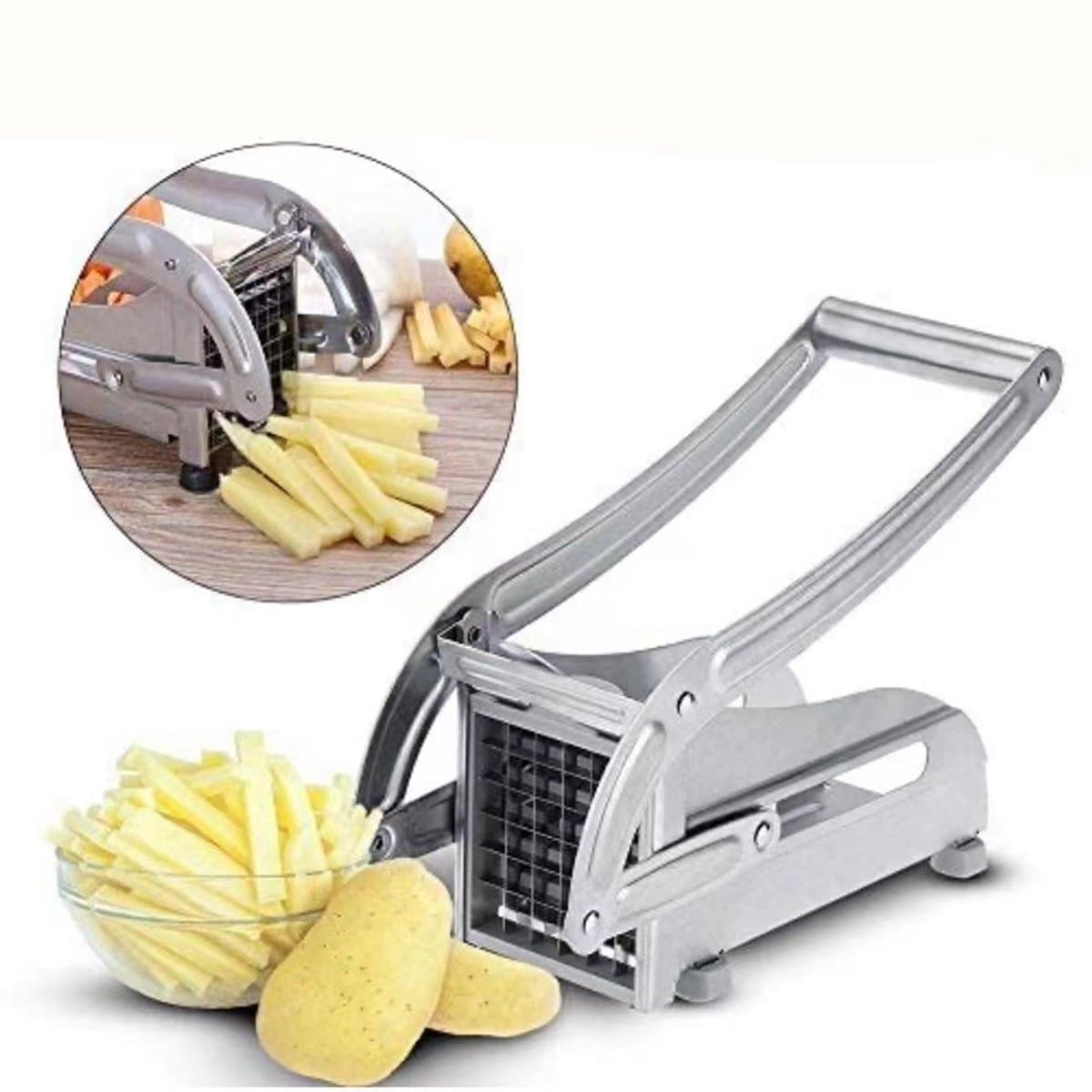 Frietsnijder van roestvrij staal - Groentesnijder (wortel en komkommer) en aardappelsnijder - Antislip zuignapvoet - Geschikt voor airfryers - Ideaal voor gebruik in de keuken — afbeelding 1