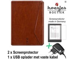 SleepCover Geschikt voor Kobo Clara HD Hoes Cognac Bruin + Screenprotector + Oplader - ereader hoesje - cover