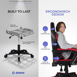 Stane Verstelbare Ergonomische Gamestoel met Voetsteun - Bureaustoel Gaming chair - Game Stoel Rood/Zwart — thumbnail 6