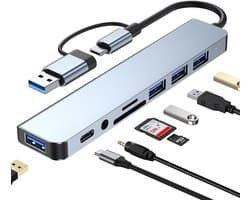 Deze aluminium 8-in-1 USB-hub beschikt over één USB 3.0-poort, drie USB 2.0-poorten, één USB-C-poort, een SD/TF-kaartlezer en een 3,5 mm audio-aansluiting. Hij is Geschikt voor MacBook Pro, Air en andere pc's, laptops en tablets.